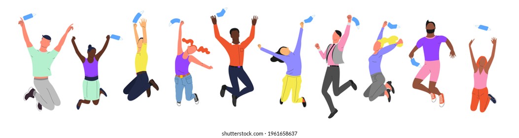Crowd of young happy smiling multinational diverse people in jumping poses throwing up face masks. Quarantine and pandemic of covid 19 is over. Back to normal. Isolated on white background.