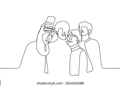 crowd of young men taking selfie and smiling while looking at the camera. One continuous line drawing group of four friends taking photo on smartphone