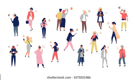 Crowd of young men and women holding smartphones and texting, talking, listening to music, taking selfie. Group of male and female cartoon characters with mobile phones. Flat vector illustration