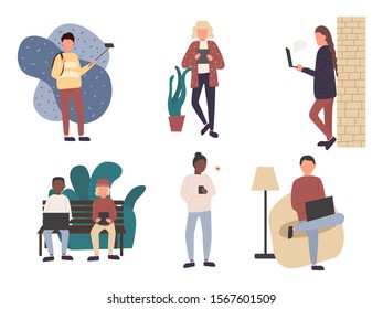Crowd of young men and women holding smartphones and texting, talking, listening to music, taking selfie. Vector illustration