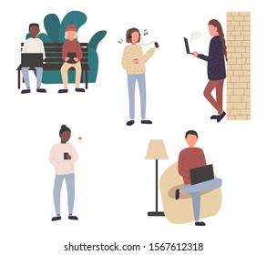 Crowd of young men and women holding smartphones and texting, talking, listening to music, taking selfie. Vector illustration