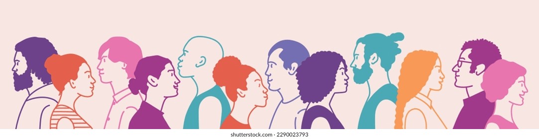 Crowd of young men and women. Racial equality concept. Multicultural society. Hand drawn vector illustration.