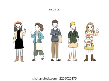 Crowd of young men and women, tote bag, freehand drawn style on white background