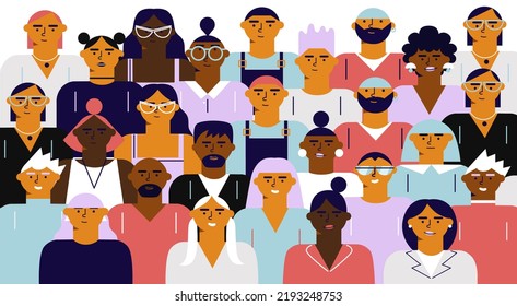 Crowd of young men and women in trendy hipster symptomatology. Diverse group of stylish people standing together. Society or population, social diversity. Flat cartoon illustration.