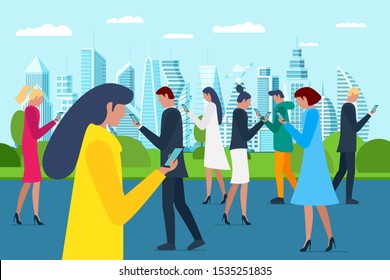 Crowd young men and women walking on future city park using smartphones. Internet social network addiction concept. Millenial influencer group holding mobile gadgets on parkland. Vector illustration