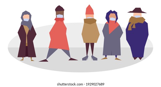 A crowd of young men and women, in winter outerwear. Group of men and women cartoon characters with in warm clothes. Flat vector illustration