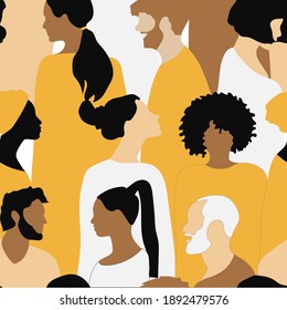 A Crowd Of Young And Old Men And Women In Shades Of Yellow. Group Of Stylish People Standing Together. Activists And Feminists Seamless Pattern. Flat Vector Illustration.