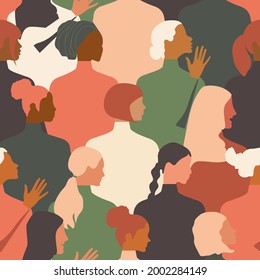 A crowd of young and old women in fashionable clothes. Seamless pattern of stylish people of different nationalities and religions. Cartoon flat design. Printing on fabrics, decorative pillows. Vector