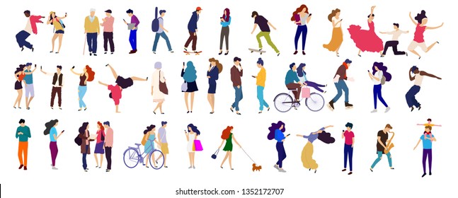 Crowd of young people. Characters big set.  Flat colorful vector illustration. Dancing, reading walking people - Vector 