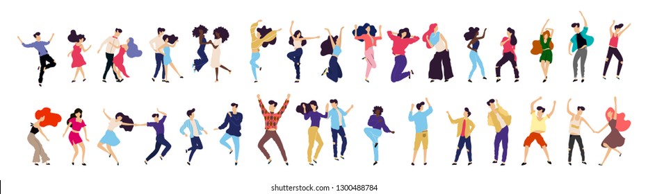 Kerumunan orang muda menari di klub. Besar set karakter bersenang-senang di pesta. Ilustrasi vektor berwarna-warni rata. - Vektor