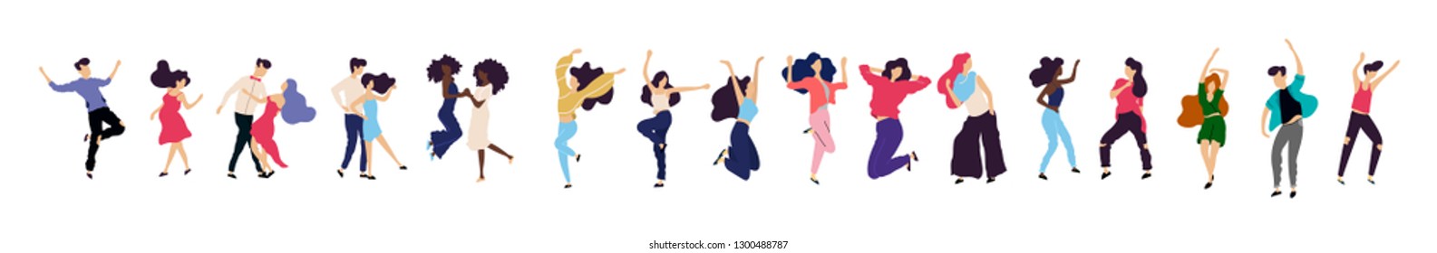 Crowd of young people dancing at club. Big set of characters having fun at party. Flat colorful vector illustration. - Vector