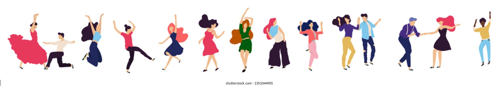 Crowd of young people dancing at club. Big set of characters having fun at party. Flat colorful vector illustration.  