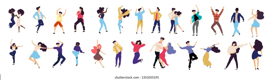 Crowd of young people dancing at club. Big set of characters having fun at party. Flat colorful vector illustration.  