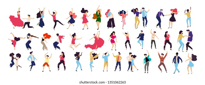 Crowd Of Young People Dancing At Club. Big Set Of Characters Having Fun At Party. Flat Colorful Vector Illustration.  