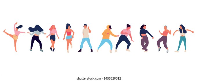 Crowd of young people dancing at club. Big set of characters having fun at party. Flat colorful vector illustration. - Vector