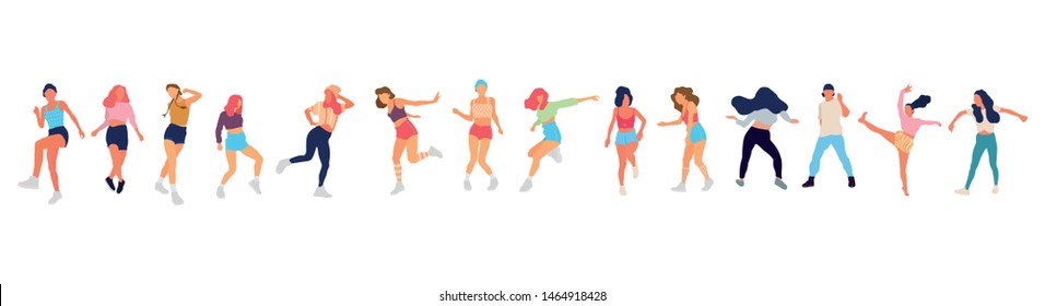 Crowd of young people dancing at club. Big set of characters having fun at party. Flat colorful vector illustration. - Vector