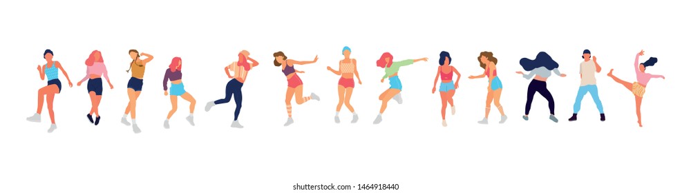 Crowd of young people dancing at club. Big set of characters having fun at party. Flat colorful vector illustration. - Vector