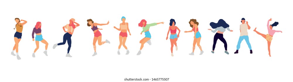 Crowd of young people dancing at club. Big set of characters having fun at party. Flat colorful vector illustration.  