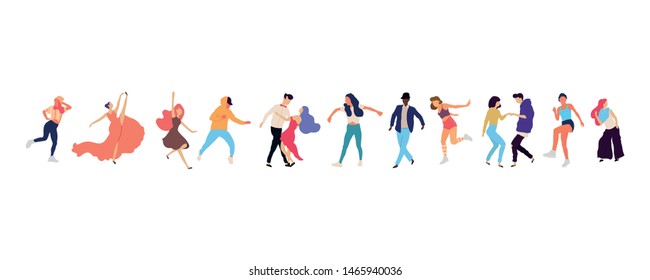 Crowd of young people dancing at club. Big set of characters having fun at party. Flat colorful vector illustration. - Vector