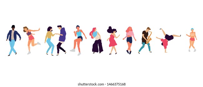 Crowd of young people dancing at club. Big set of characters having fun at party. Flat colorful vector illustration. - Vector