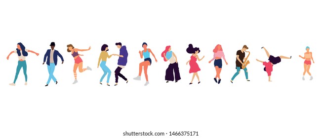 Crowd of young people dancing at club. Big set of characters having fun at party. Flat colorful vector illustration. - Vector