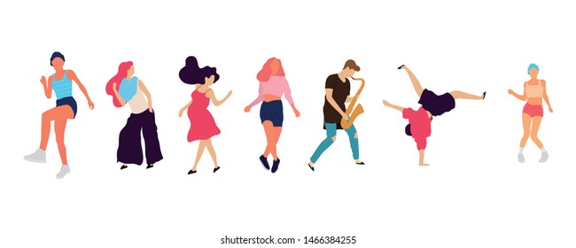 Crowd of young people dancing at club. Big set of characters having fun at party. Flat colorful vector illustration. - Vector