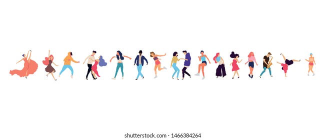 Crowd of young people dancing at club. Big set of characters having fun at party. Flat colorful vector illustration. - Vector