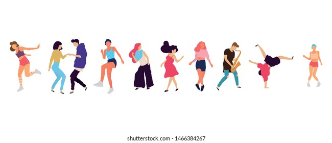 Crowd of young people dancing at club. Big set of characters having fun at party. Flat colorful vector illustration. - Vector