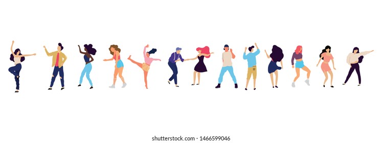 Crowd of young people dancing at club. Big set of characters having fun at party. Flat colorful vector illustration. - Vector