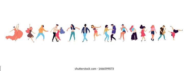 Crowd of young people dancing at club. Big set of characters having fun at party. Flat colorful vector illustration. - Vector