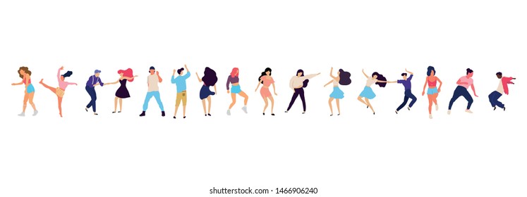 Crowd of young people dancing at club. Big set of characters having fun at party. Flat colorful vector illustration. - Vector