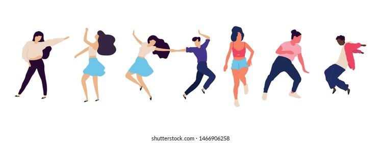 Crowd of young people dancing at club. Big set of characters having fun at party. Flat colorful vector illustration. - Vector