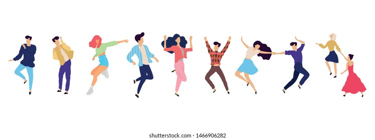 Crowd of young people dancing at club. Big set of characters having fun at party. Flat colorful vector illustration. - Vector