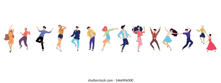 Crowd of young people dancing at club. Big set of characters having fun at party. Flat colorful vector illustration. - Vector