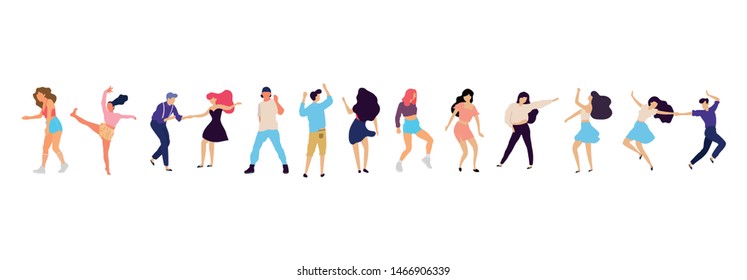 Crowd of young people dancing at club. Big set of characters having fun at party. Flat colorful vector illustration. - Vector