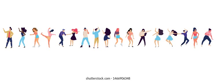 Crowd of young people dancing at club. Big set of characters having fun at party. Flat colorful vector illustration. - Vector