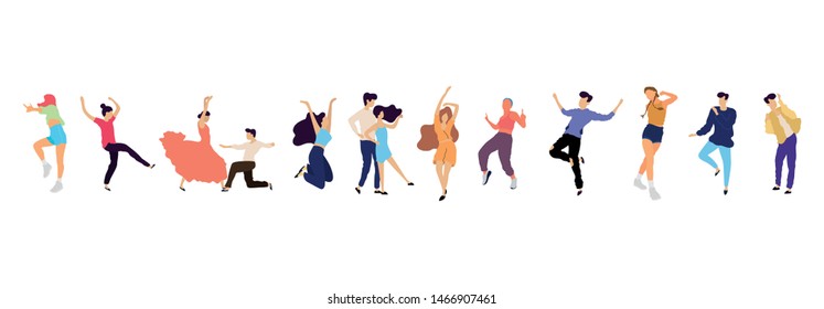 Crowd of young people dancing at club. Big set of characters having fun at party. Flat colorful vector illustration. - Vector