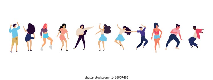 Crowd of young people dancing at club. Big set of characters having fun at party. Flat colorful vector illustration. - Vector