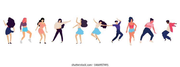 Crowd of young people dancing at club. Big set of characters having fun at party. Flat colorful vector illustration. - Vector