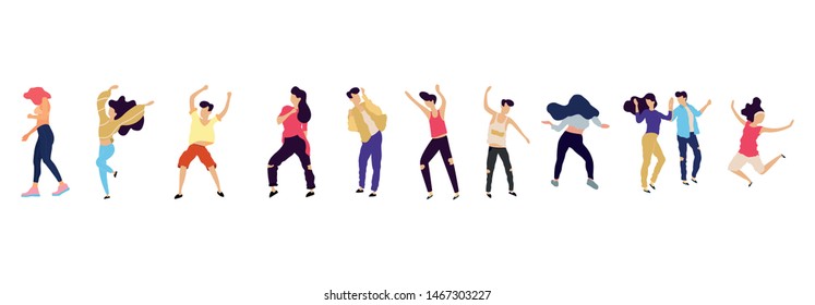 Crowd of young people dancing at club. Big set of characters having fun at party. Flat colorful vector illustration. - Vector