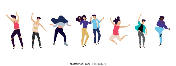 Crowd of young people dancing at club. Big set of characters having fun at party. Flat colorful vector illustration. - Vector