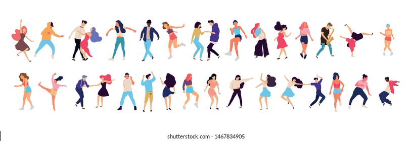 Crowd of young people dancing at club. Big set of characters having fun at party. Flat colorful vector illustration. - Vector