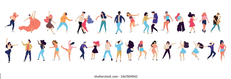 Crowd of young people dancing at club. Big set of characters having fun at party. Flat colorful vector illustration. - Vector