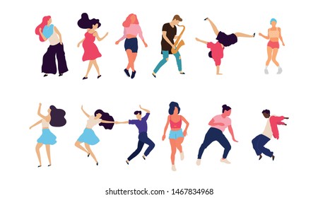 Crowd of young people dancing at club. Big set of characters having fun at party. Flat colorful vector illustration. - Vector