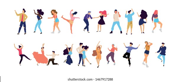 Crowd of young people dancing at club. Big set of characters having fun at party. Flat colorful vector illustration. - Vector