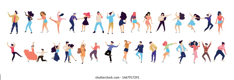 Crowd of young people dancing at club. Big set of characters having fun at party. Flat colorful vector illustration. - Vector