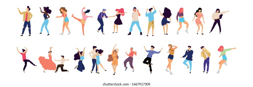 Crowd of young people dancing at club. Big set of characters having fun at party. Flat colorful vector illustration. - Vector