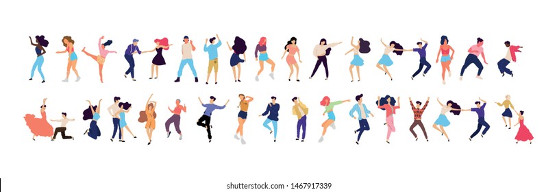Crowd of young people dancing at club. Big set of characters having fun at party. Flat colorful vector illustration. - Vector