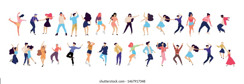 Crowd of young people dancing at club. Big set of characters having fun at party. Flat colorful vector illustration. - Vector