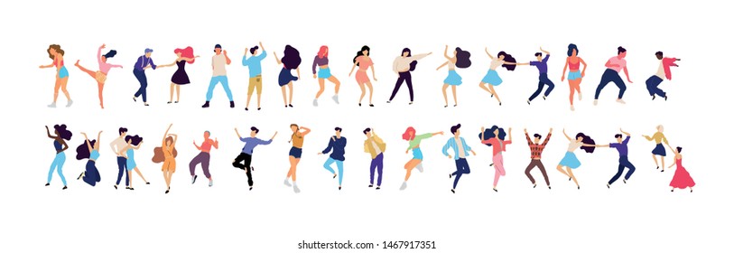 Crowd of young people dancing at club. Big set of characters having fun at party. Flat colorful vector illustration. - Vector